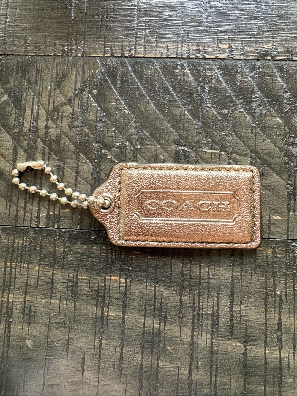 Coach Gold Leather Key Tag with Ball Chain 2.5x1.25”